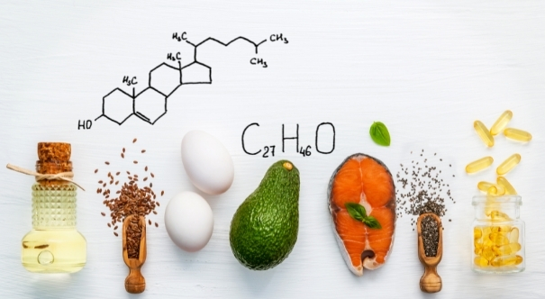 Cholesterol-rich foods with cholesterol chemical structure