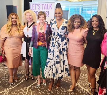 Fibroid Fighters Kym Lee-King, Cynthia Bailey, Erica Taylor, and Coach Ella Stand with Dr. Flora Katsnelson, Founder of Fibroid Fighters, and a guest
