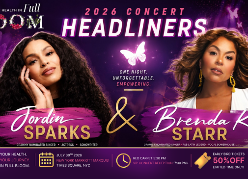 2026 Fibroid Fighters Banner Announcing Jordin Sparks and Brenda K Starr at performers at Your Health in Full Bloom Fibroid Awareness Event