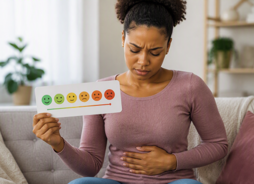 Woman holding Pain Scale to rate pelvic pain caused by fibroids.