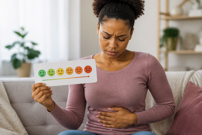 Woman holding Pain Scale to rate pelvic pain caused by fibroids.